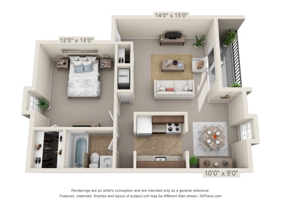 1 bed 1 bath floor plan at Fairfield Pointe, Fairfield, OH, 45014