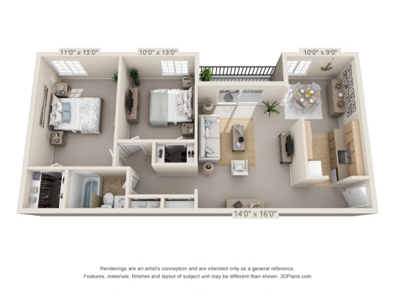 2 bed 1 bath floor plan A at Fairfield Pointe, Fairfield
